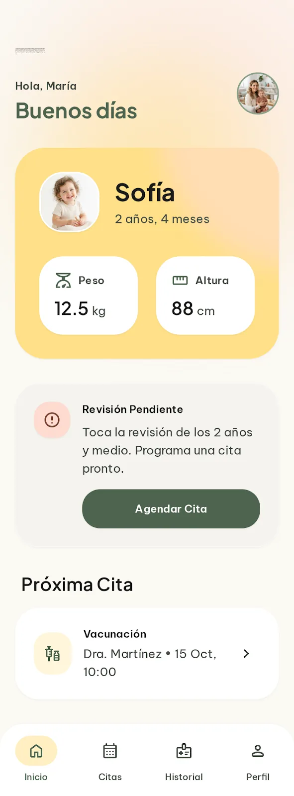 App ADÚO — pantalla de inicio con la ficha de Sofía