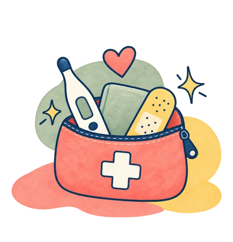 Illustrated first-aid kit, a symbol of guidance for symptoms