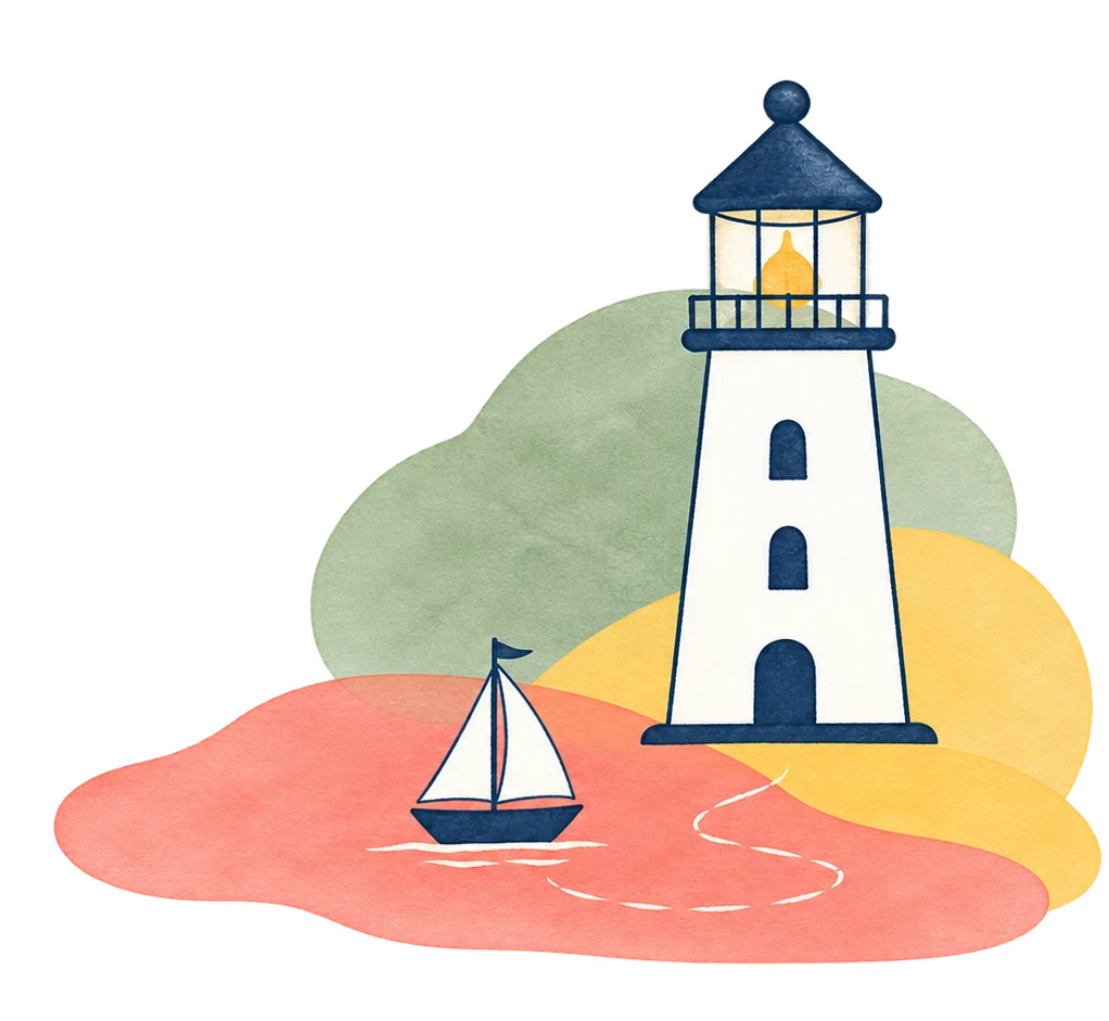 Illustrated lighthouse and sailboat, a symbol of support